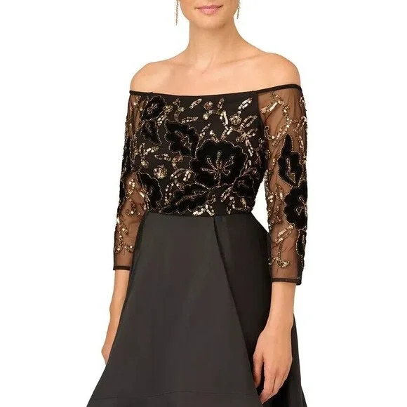 Adrianna Papell Women's Petite Beaded Taffeta-Skirt Gown Maxi Dress Black 6P - Picture 2 of 16